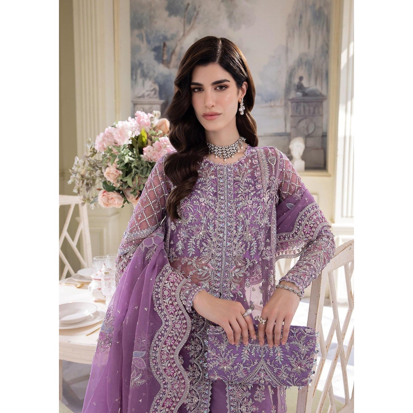 • Clothing: Embroidered/Printed suit for women - Made of best quality fabric - lawn or linen or chiffon - pure silk - Available at Najma Designs & Co. • Jewelry: Gold - plated stud earrings for