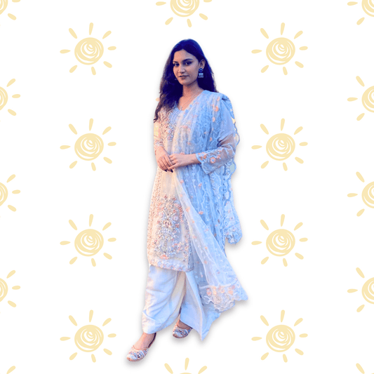 • Clothing: Embroidered/Printed suit for women - Made of best quality fabric - lawn or linen or chiffon - pure silk - Available at Najma Designs & Co. • Jewelry: Gold - plated stud earrings for