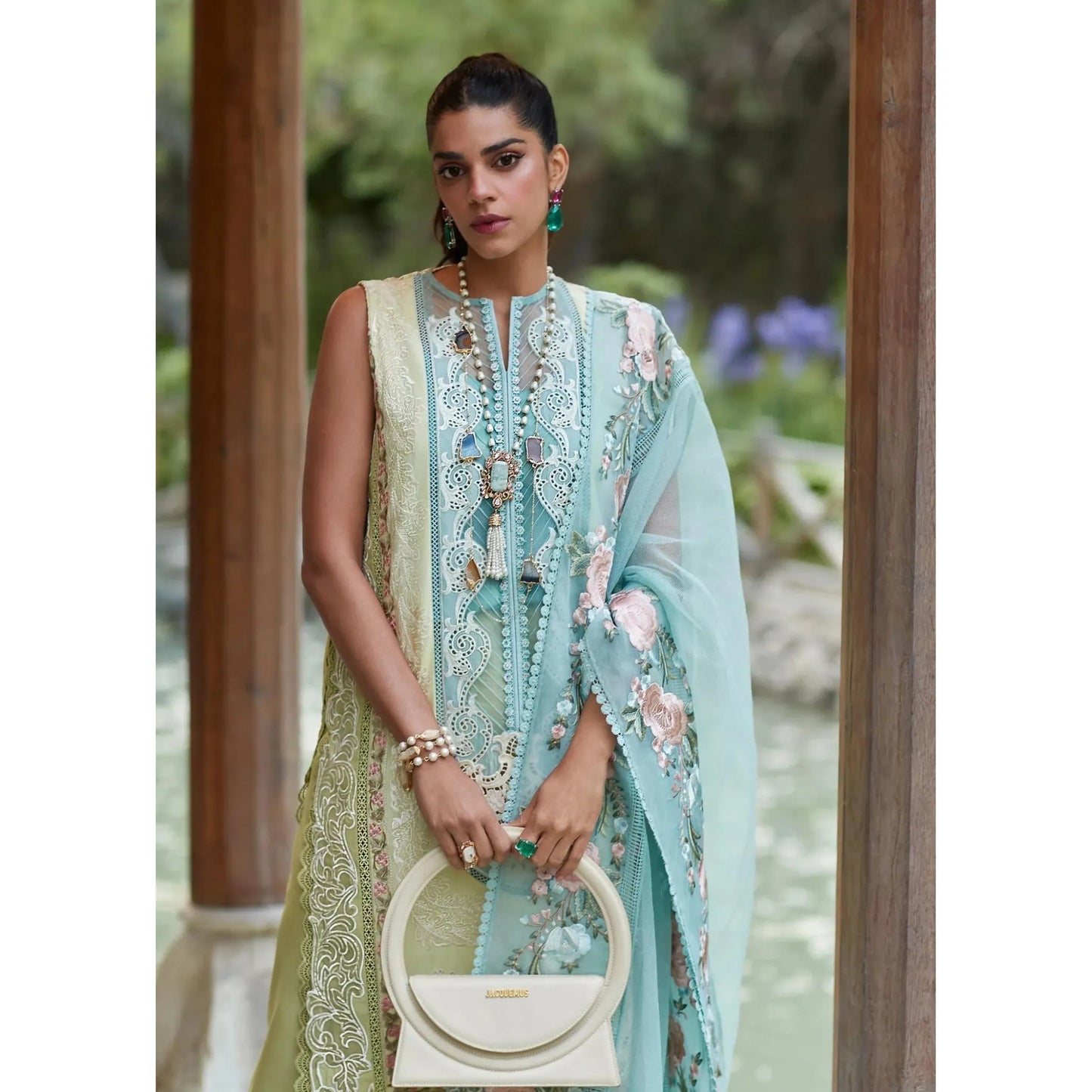 • Clothing: Embroidered/Printed suit for women - Made of best quality fabric - lawn or linen or chiffon - pure silk - Available at Najma Designs & Co. • Jewelry: Gold - plated stud earrings for