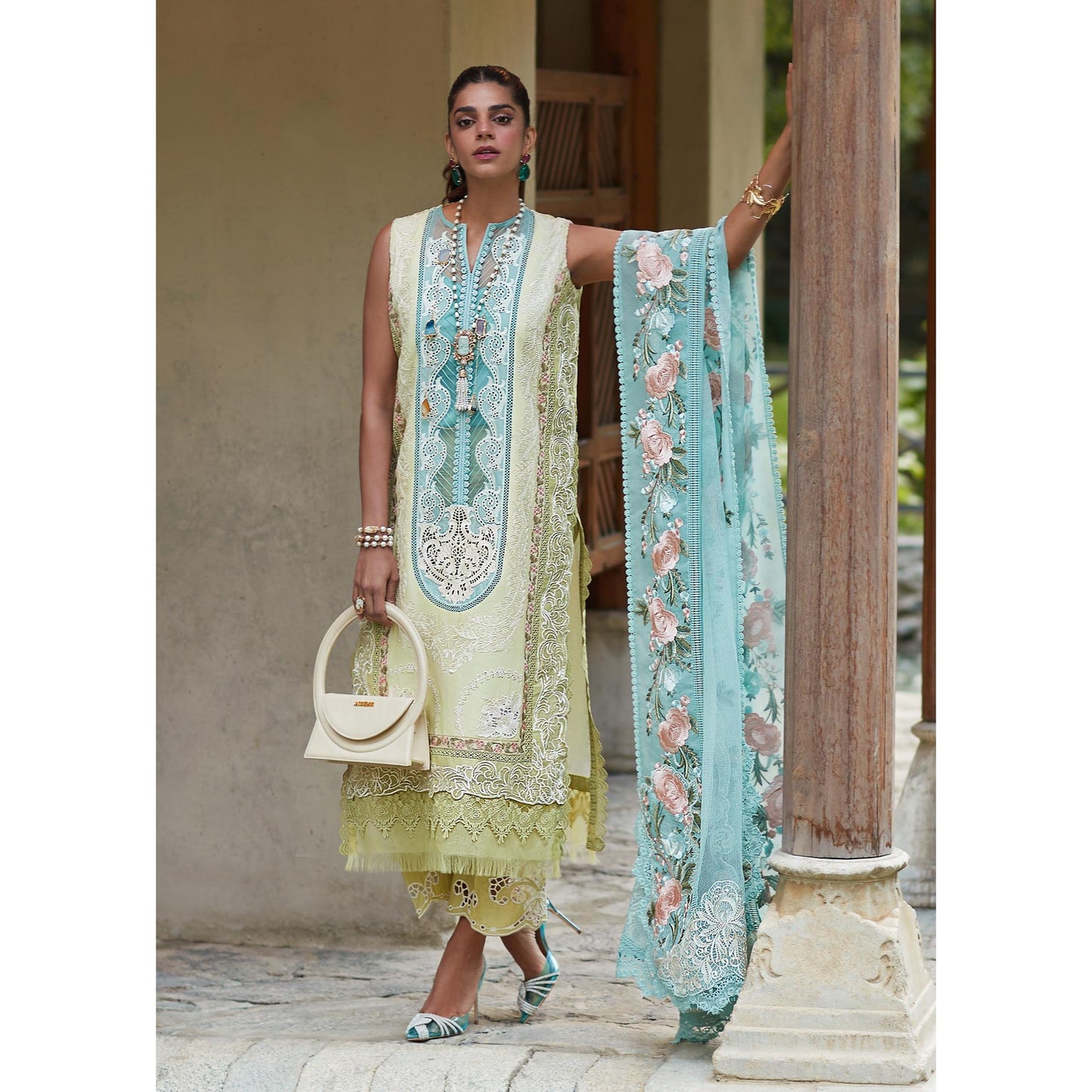 • Clothing: Embroidered/Printed suit for women - Made of best quality fabric - lawn or linen or chiffon - pure silk - Available at Najma Designs & Co. • Jewelry: Gold - plated stud earrings for
