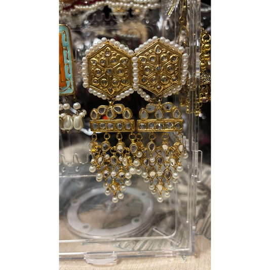 • Clothing: Embroidered/Printed suit for women - Made of best quality fabric - lawn or linen or chiffon - pure silk - Available at Najma Designs & Co. • Jewelry: Gold - plated stud earrings for