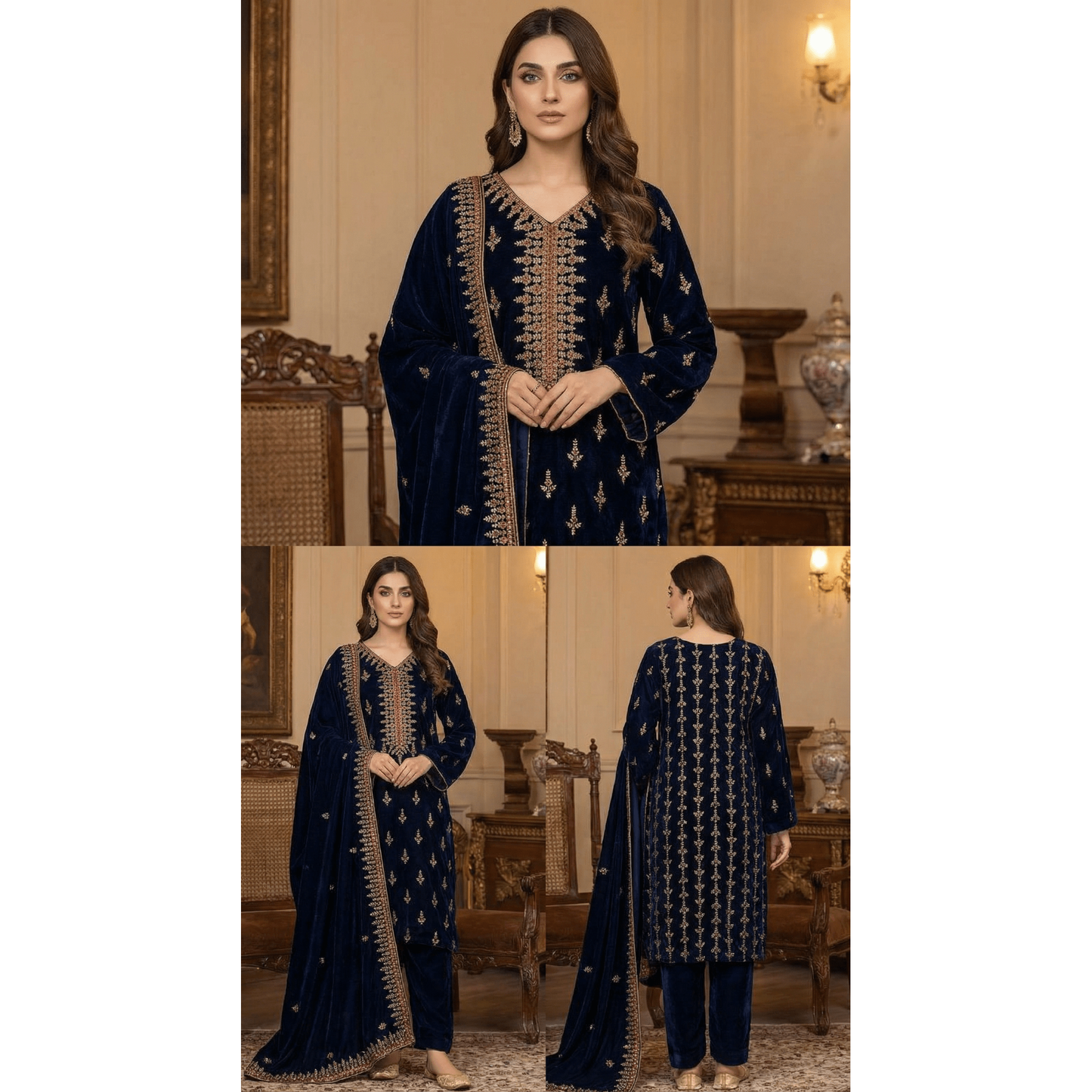 • Clothing: Embroidered/Printed suit for women - Made of best quality fabric - lawn or linen or chiffon - pure silk - Available at Najma Designs & Co. • Jewelry: Gold - plated stud earrings for