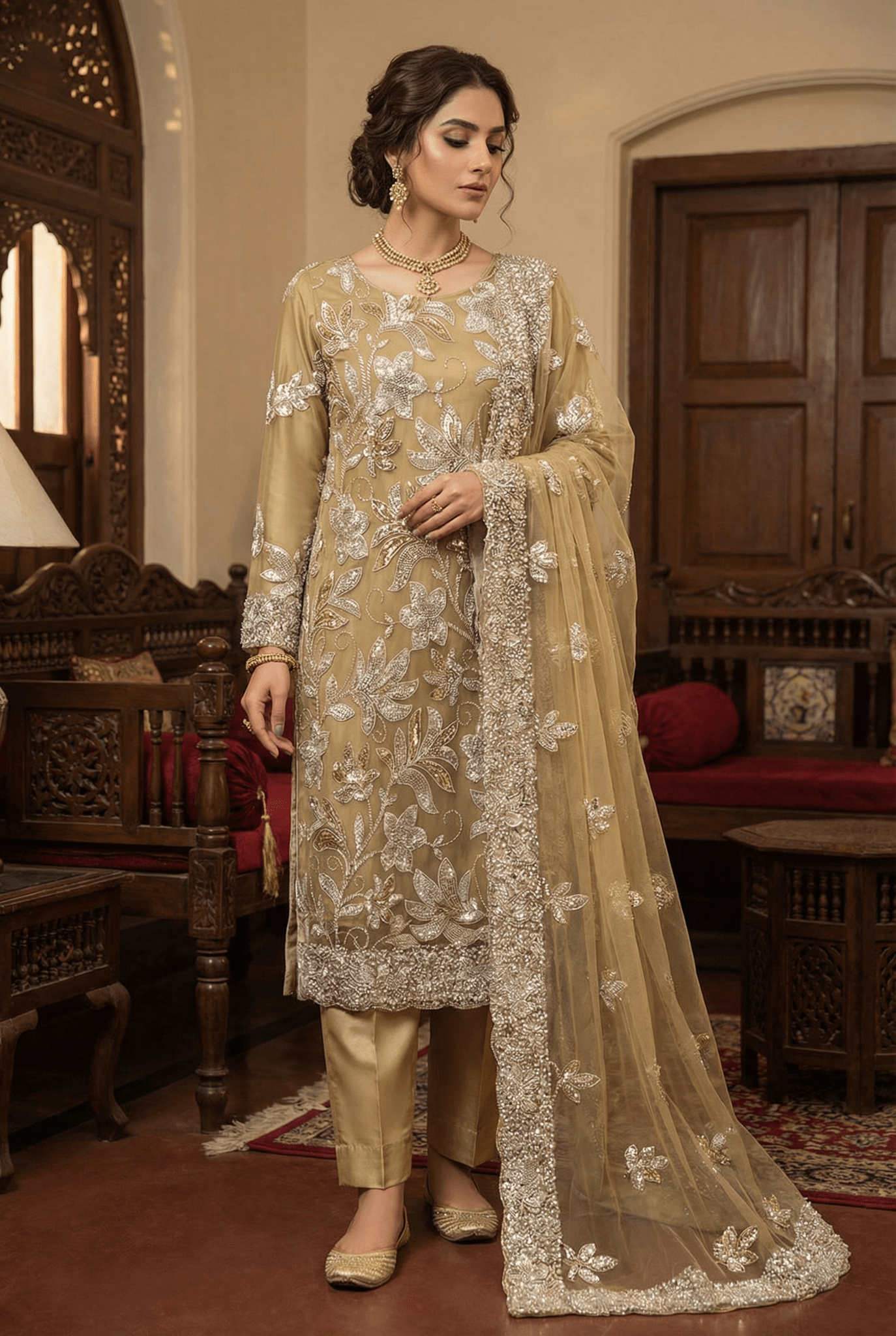 • Clothing: Embroidered/Printed suit for women - Made of best quality fabric - lawn or linen or chiffon - pure silk - Available at Najma Designs & Co. • Jewelry: Gold - plated stud earrings for