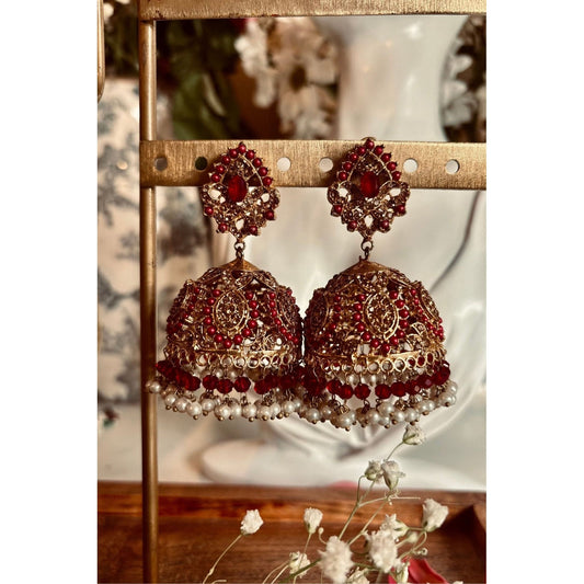 Nuzm Jhumkay Gold-Plated Earrings with Kundan Stones, Pearl Moti, and Rose Pink Beads, Crafted on High-Quality Brass, Traditional Indian Jewelry, Bridal and Festive Earrings, Elegant and Bold Design, Perfect for Feminine and Royal Looks