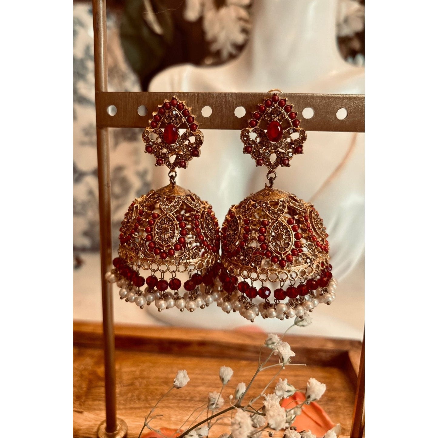 Nuzm Jhumkay Gold-Plated Earrings with Kundan Stones, Pearl Moti, and Rose Pink Beads, Crafted on High-Quality Brass, Traditional Indian Jewelry, Bridal and Festive Earrings, Elegant and Bold Design, Perfect for Feminine and Royal Looks