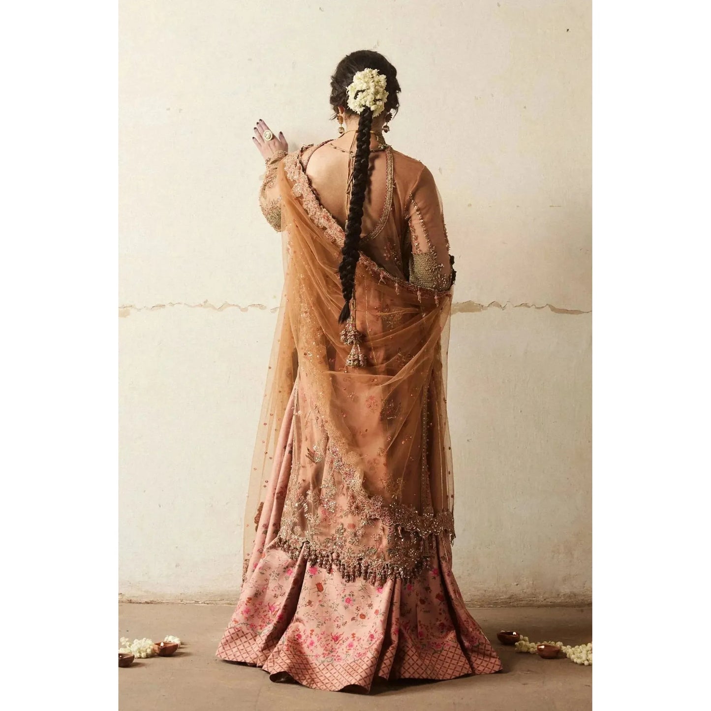 Beige Net Embroidered and Embellished Shirt with Delicate Ethereal Look, Paired with Floral Printed Korean Raw Silk Paneled Sharara for Added Volume, Intricate Net Embroidered Four-Side Border and Corner Motifs Dupatta, Perfect for Weddings and Special Occasions, Elegant Pakistani Traditional Outfit