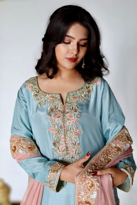 • Clothing: Embroidered/Printed suit for women - Made of best quality fabric - lawn or linen or chiffon - pure silk - Available at Najma Designs & Co. • Jewelry: Gold - plated stud earrings for