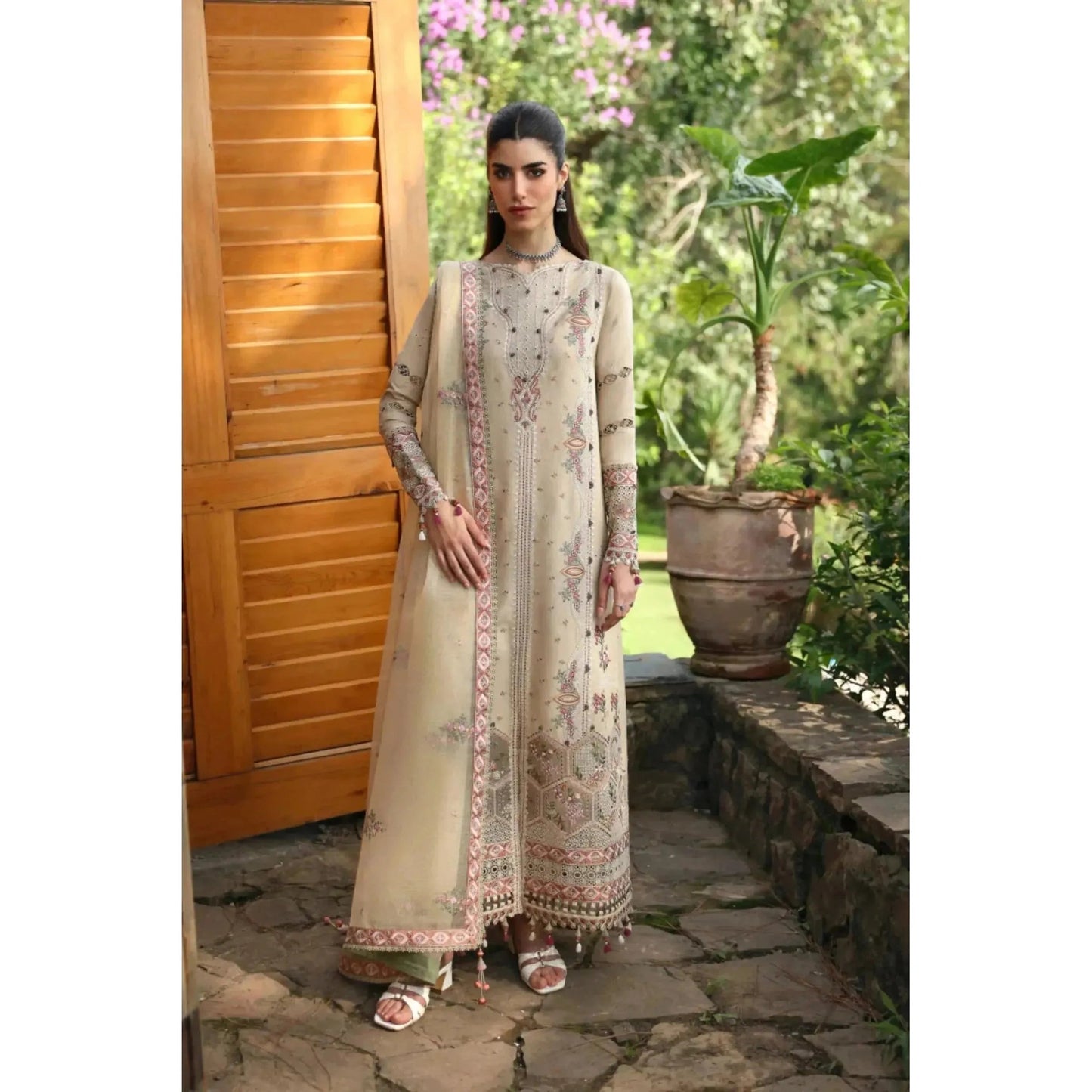 Elegant 3-Piece Stitched Suit – Chikankari Embroidered Linen Shirt, Rocket Net Dupatta & Linen Trouser – Premium Pakistani Outfit for Women