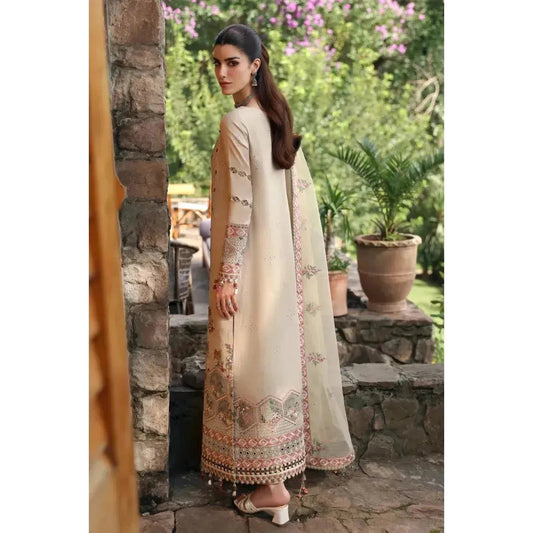 Elegant 3-Piece Stitched Suit – Chikankari Embroidered Linen Shirt, Rocket Net Dupatta & Linen Trouser – Premium Pakistani Outfit for Women