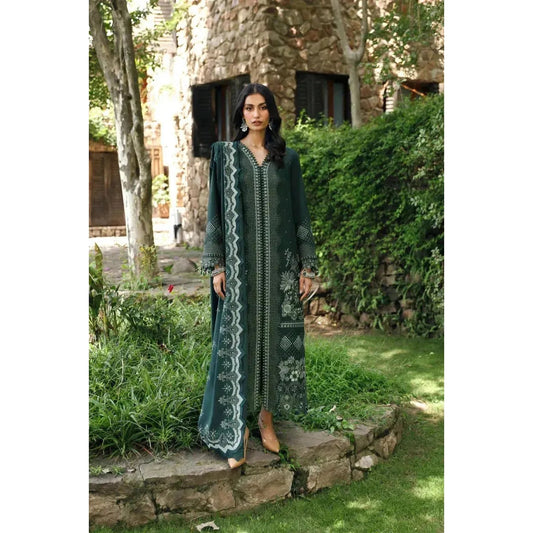 Stitched 3-Piece Chikankari Embroidered Linen Suit in Green – Karandi Shawl & Plain Linen Trouser – Elegant Pakistani Winter Wear for Women