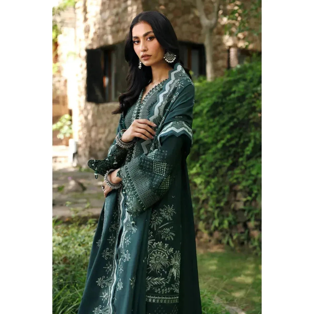 Stitched 3-Piece Chikankari Embroidered Linen Suit in Green – Karandi Shawl & Plain Linen Trouser – Elegant Pakistani Winter Wear for Women