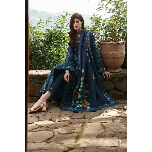 Stitched 3-Piece Chikankari Embroidered Linen Suit in Navy Blue – Jacquard Weaved Digital Printed Shawl & Plain Linen Trouser – Elegant Pakistani Winter Outfit for Women