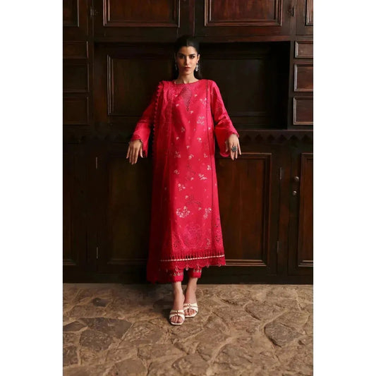 Stitched 3-Piece Chikankari Embroidered Linen Suit in Pink – Chiffon Embroidered Dupatta & Plain Linen Trouser – Elegant Pakistani Outfit for Women