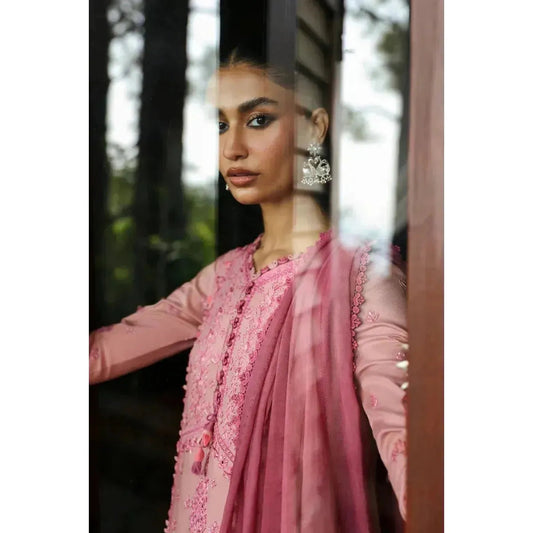 Stitched 3-Piece Chikankari Embroidered Linen Suit in Baby Pink – Jacquard Weaved Dupatta & Plain Linen Trouser