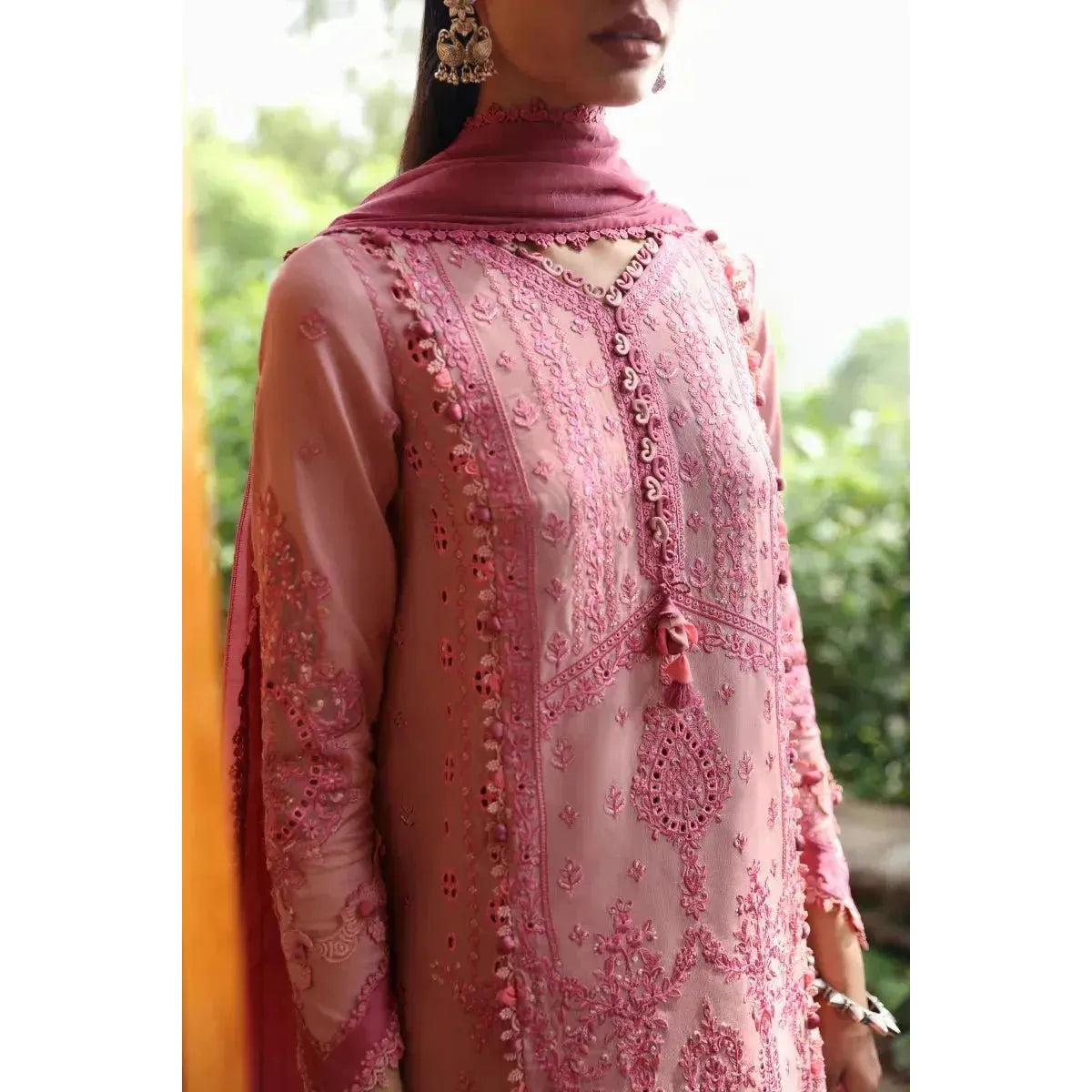 Stitched 3-Piece Chikankari Embroidered Linen Suit in Baby Pink – Jacquard Weaved Dupatta & Plain Linen Trouser