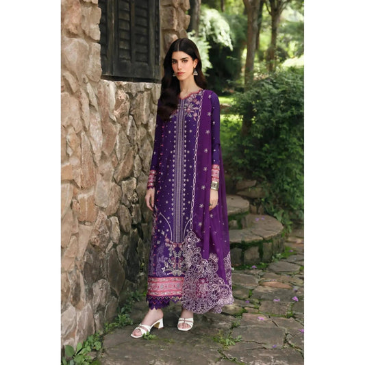 Stitched 3-Piece Chikankari Embroidered Linen Suit in Purple – Shawl & Plain Linen Trouser – Elegant Pakistani Winter Wear for Women