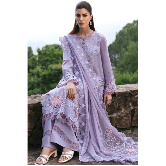 Stitched 3-Piece Chikankari Embroidered Linen Suit in Lilac – Chiffon Embroidered Dupatta & Plain Linen Trouser – Elegant Pakistani Outfit for Women