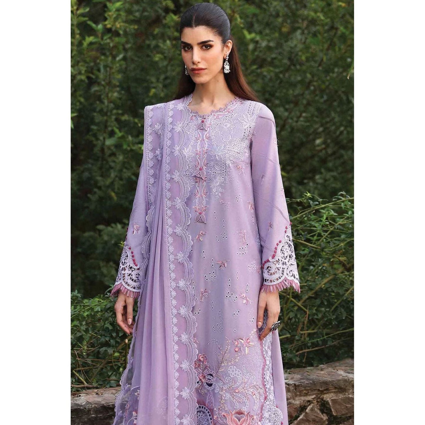 Stitched 3-Piece Chikankari Embroidered Linen Suit in Lilac – Chiffon Embroidered Dupatta & Plain Linen Trouser – Elegant Pakistani Outfit for Women