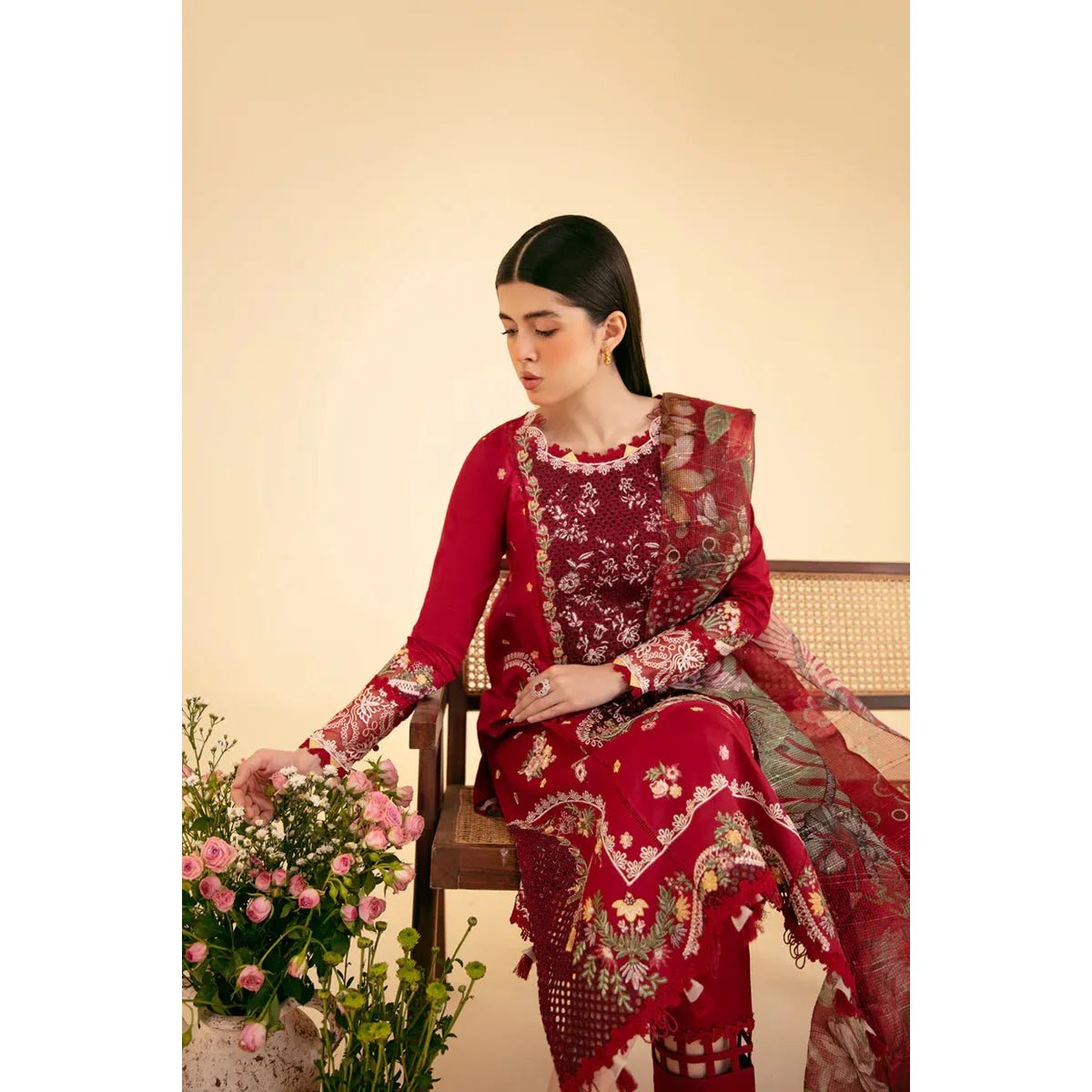 Qalamkar 3-Piece Red Embroidered Stitched Pakistani Dress with Organza Dupatta – Elegant Festive Wear for Women