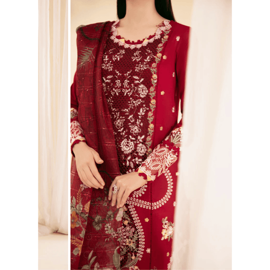 Qalamkar 3-Piece Red Embroidered Stitched Pakistani Dress with Organza Dupatta – Elegant Festive Wear for Women