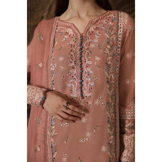 Stitched 3-Piece Qalamkar Chikankari Embroidered Linen Suit in Peach – Chiffon Embroidered Dupatta & Plain Linen Trouser – Elegant Pakistani Outfit for Women