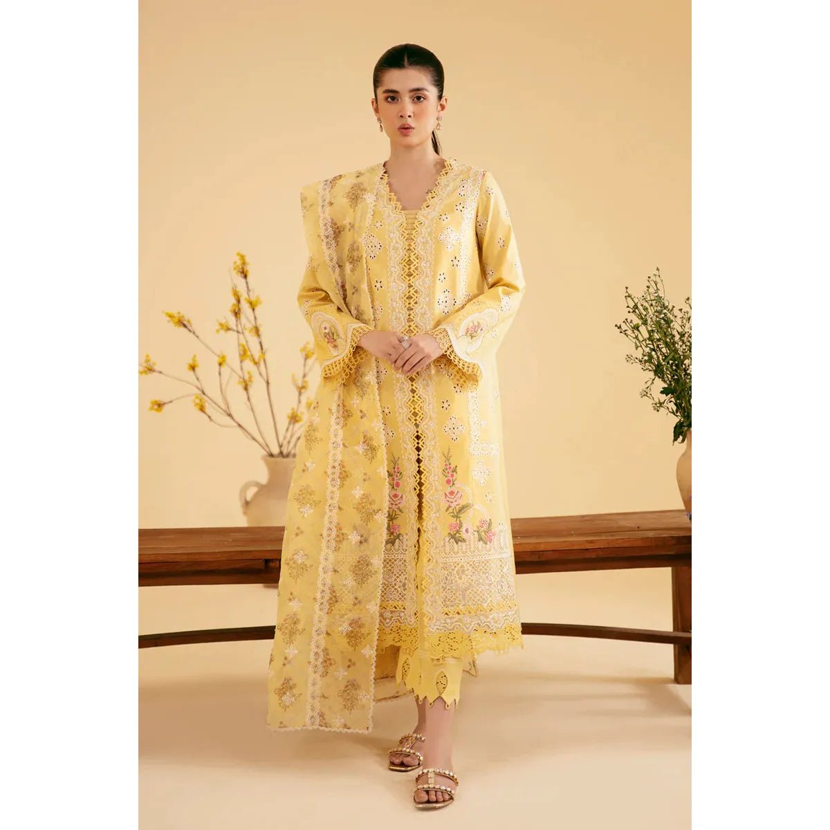 • Clothing: Embroidered/Printed suit for women - Made of best quality fabric - lawn or linen or chiffon - pure silk - Available at Najma Designs & Co. • Jewelry: Gold - plated stud earrings for