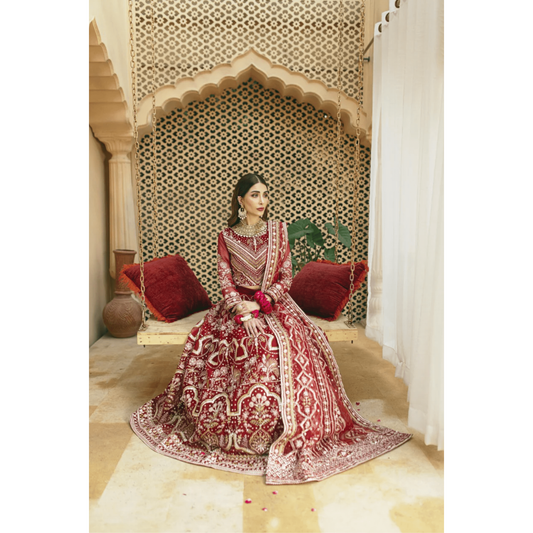 Stitched Two-Tone Red Lehnga with Antique Gold Embellishments, Ornate Design on Panels, Sleeves, Bodice, and Neckline, Unique Bronze 'Panni' Dupatta with Silver Jamawar Borders, Organza Fabric, Luxe and Grand Statement Piece