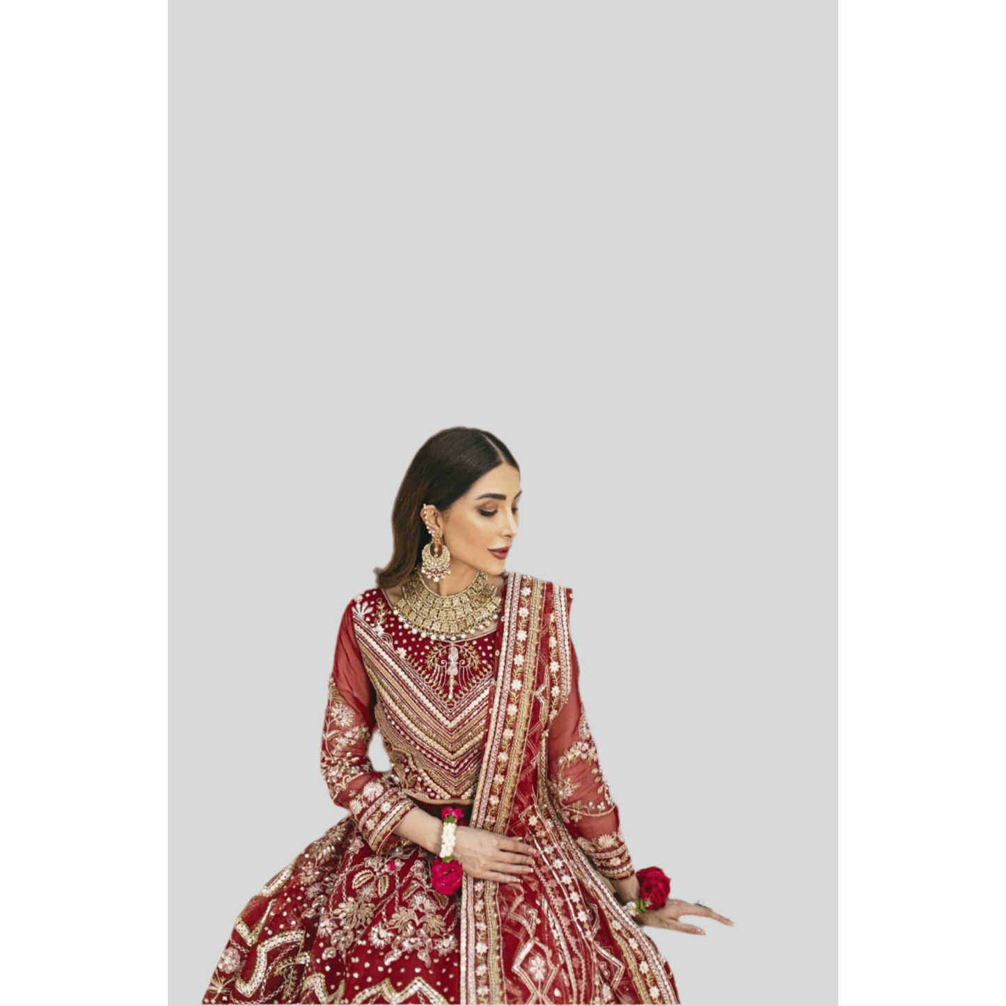 Stitched Two-Tone Red Lehnga with Antique Gold Embellishments, Ornate Design on Panels, Sleeves, Bodice, and Neckline, Unique Bronze 'Panni' Dupatta with Silver Jamawar Borders, Organza Fabric, Luxe and Grand Statement Piece