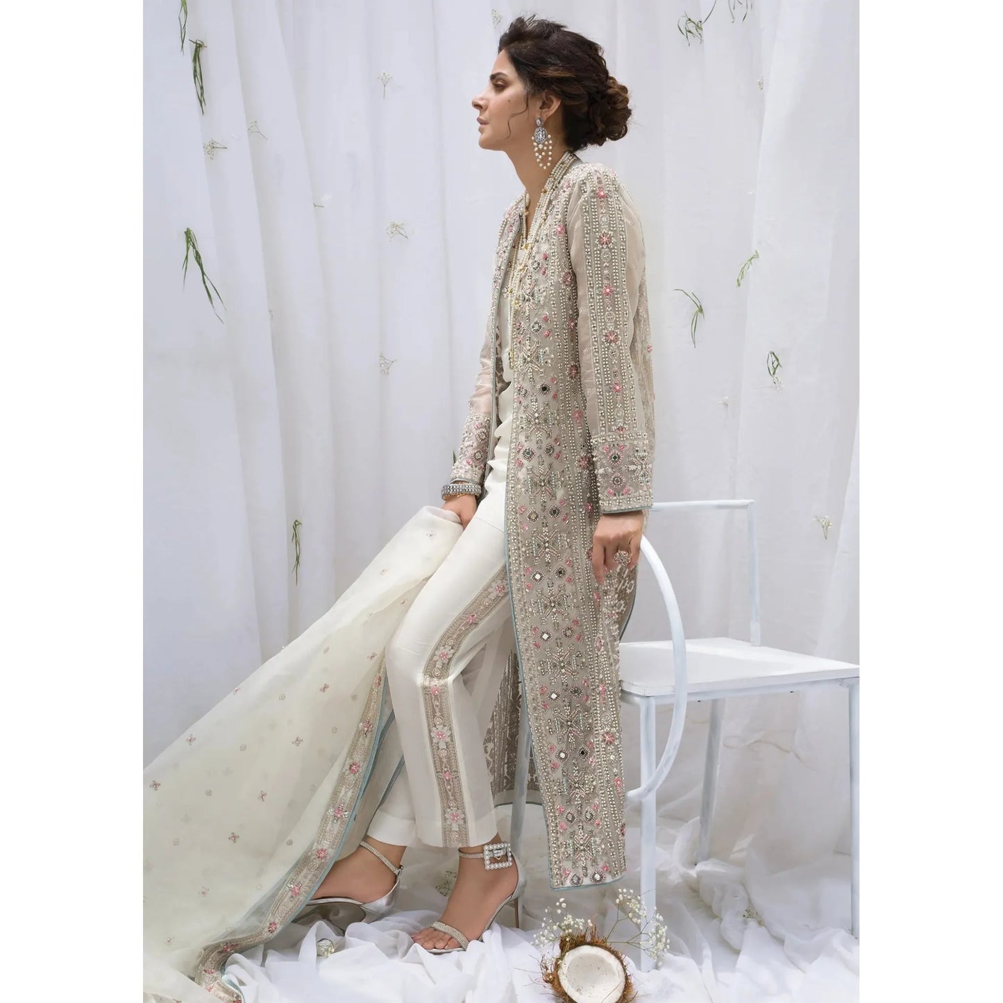 • Clothing: Embroidered/Printed suit for women - Made of best quality fabric - lawn or linen or chiffon - pure silk - Available at Najma Designs & Co. • Jewelry: Gold - plated stud earrings for