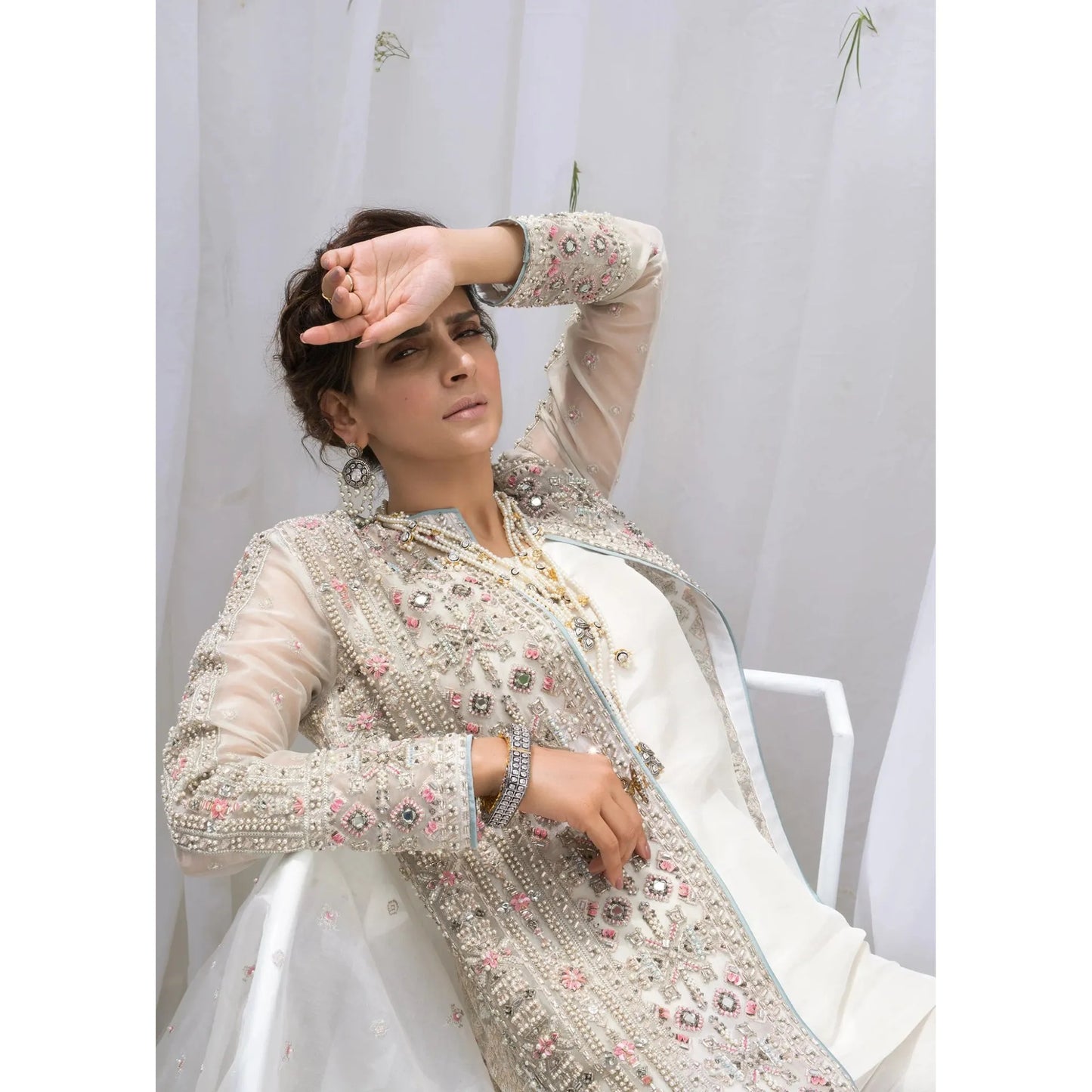 • Clothing: Embroidered/Printed suit for women - Made of best quality fabric - lawn or linen or chiffon - pure silk - Available at Najma Designs & Co. • Jewelry: Gold - plated stud earrings for