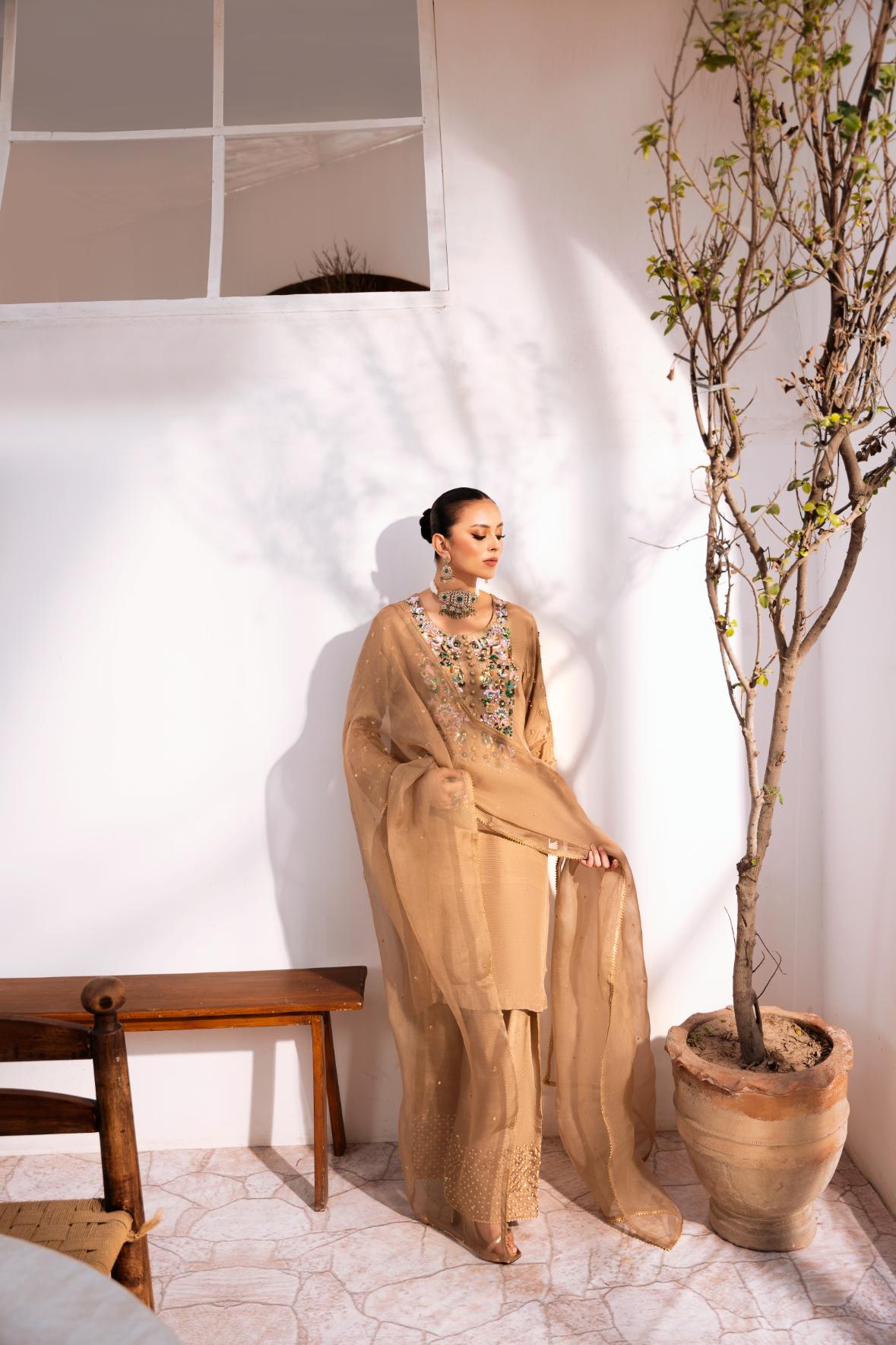 • Clothing: Embroidered/Printed suit for women - Made of best quality fabric - lawn or linen or chiffon - pure silk - Available at Najma Designs & Co. • Jewelry: Gold - plated stud earrings for