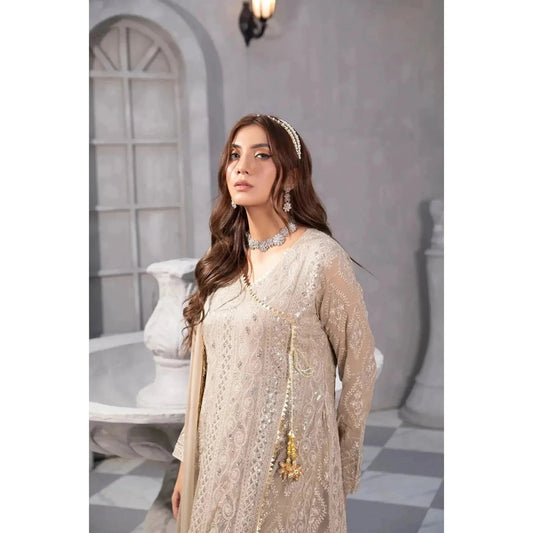 Stunning Sand Color Long Angrakha Frock with Full Embroidery and Intricate Sequin Work, Handmade Dori Tassel and Gota Laces for Polished Appearance, Paired with Malai Crap Pants and Chiffon Dupatta with Kiran Lace Border, Perfect for Daytime and Evening Events, Elegant Pakistani Traditional Outfit