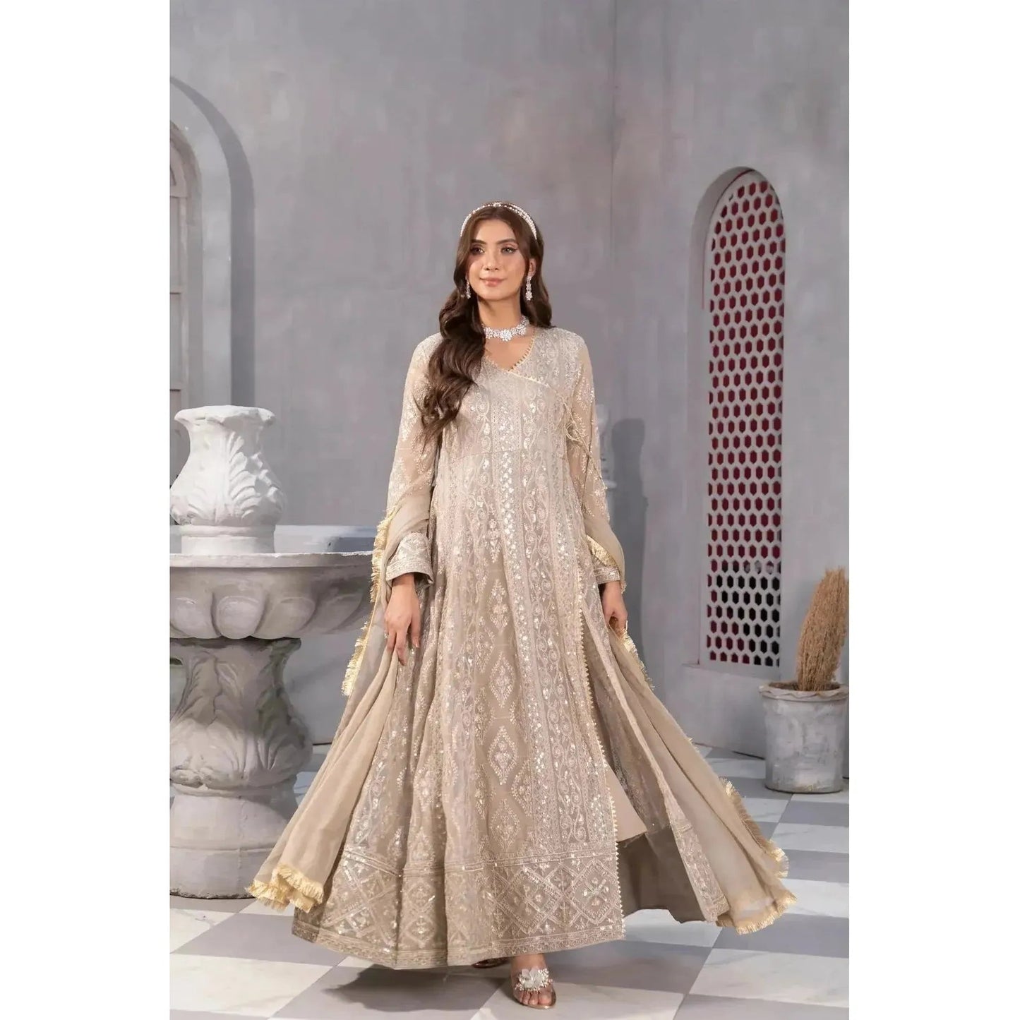 Stunning Sand Color Long Angrakha Frock with Full Embroidery and Malai Crap Pants and Chiffon Dupatta with Kiran Lace Border, Perfect for Daytime and Evening Events, Elegant Pakistani Traditional Outfit