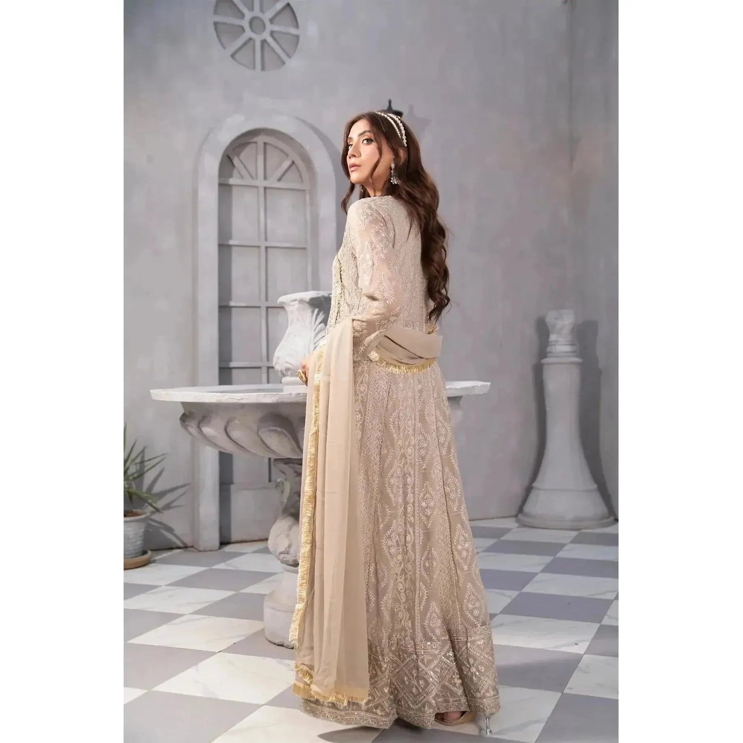 Stunning Sand Color Long Angrakha Frock with Full Embroidery and Intricate Sequin Work, Handmade Dori Tassel and Gota Laces for Polished Appearance, Paired with Malai Crap Pants and Chiffon Dupatta with Kiran Lace Border, Perfect for Daytime and Evening Events, Elegant Pakistani Traditional Outfit