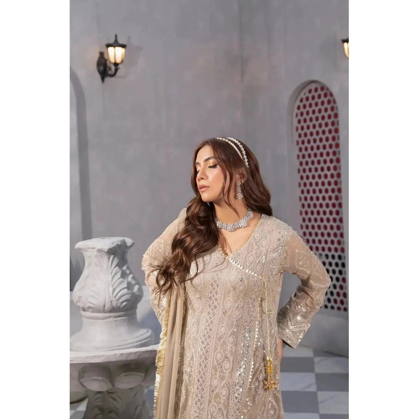 Stunning Sand Color Long Angrakha Frock with Full Embroidery and Intricate Sequin Work, Handmade Dori Tassel and Gota Laces for Polished Appearance, Paired with Malai Crap Pants and Chiffon Dupatta with Kiran Lace Border, Perfect for Daytime and Evening Events, Elegant Pakistani Traditional Outfit