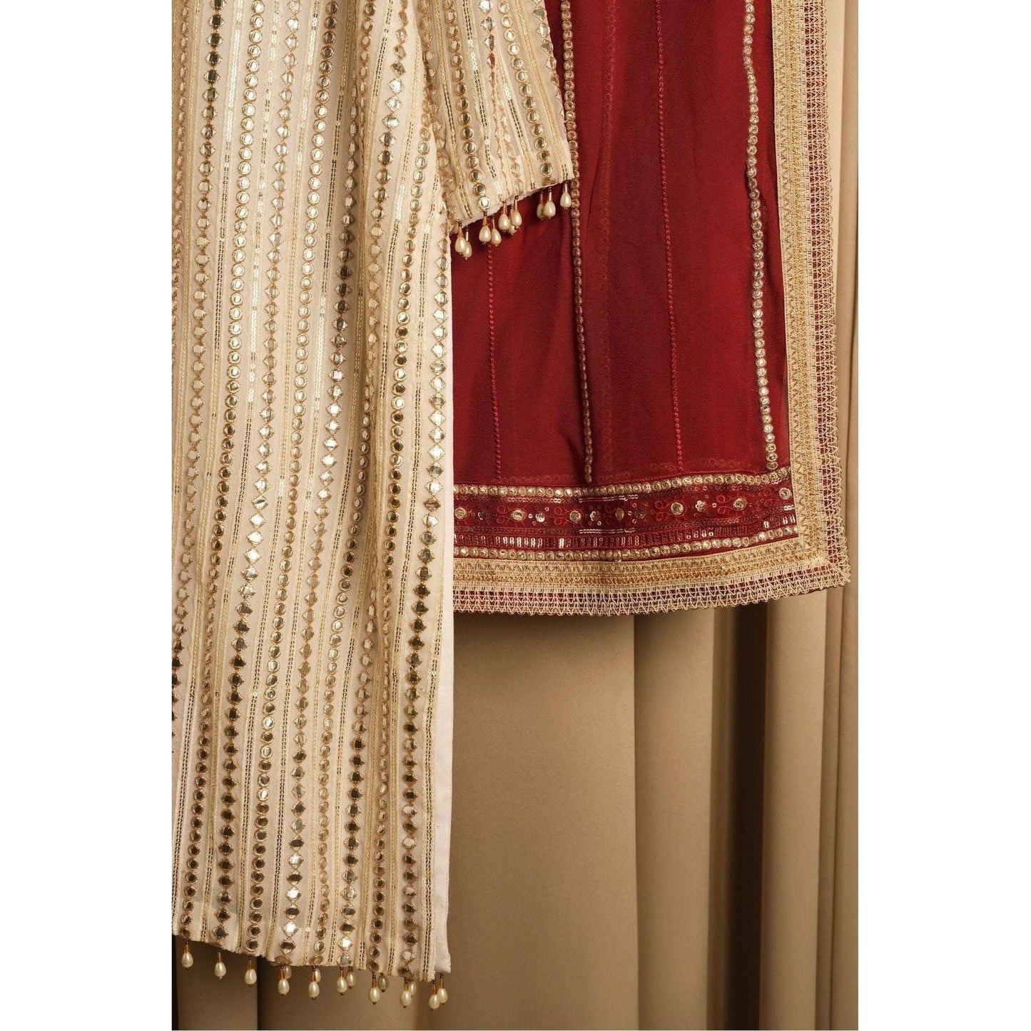 Elegant Three-Piece Red and Beige Suit with Vibrantly Dyed Dupatta, Exquisite Chiffon Shirt with Detailed Embroidery, and Pure Comfortable Trouser, Perfect for Prestigious Occasions, Traditional Craftsmanship with Contemporary Style, Ideal for Weddings and Formal Events