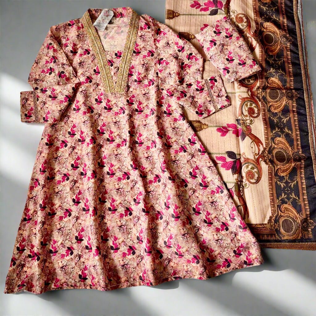 • Clothing: Embroidered/Printed suit for women - Made of best quality fabric - lawn or linen or chiffon - pure silk - Available at Najma Designs & Co. • Jewelry: Gold - plated stud earrings for