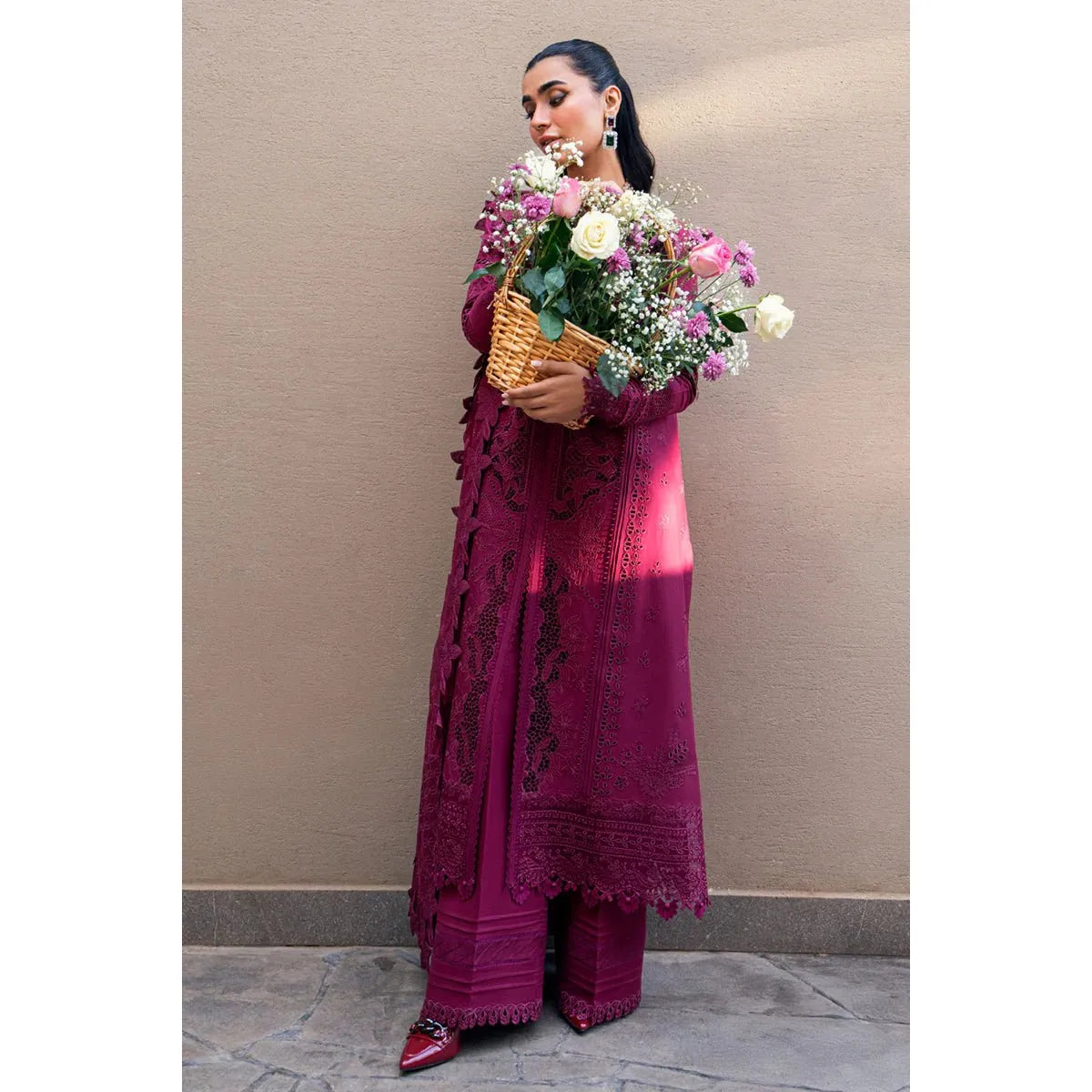 • Clothing: Embroidered/Printed suit for women - Made of best quality fabric - lawn or linen or chiffon - pure silk - Available at Najma Designs & Co. • Jewelry: Gold - plated stud earrings for