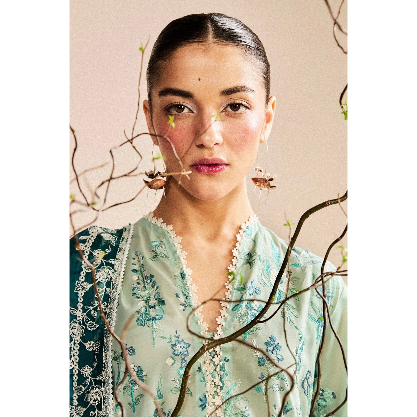 • Clothing: Embroidered/Printed suit for women - Made of best quality fabric - lawn or linen or chiffon - pure silk - Available at Najma Designs & Co. • Jewelry: Gold - plated stud earrings for