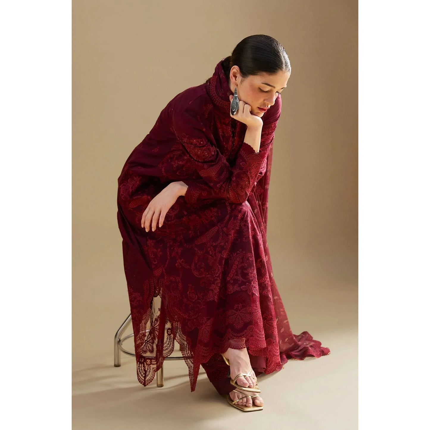 • Clothing: Embroidered/Printed suit for women - Made of best quality fabric - lawn or linen or chiffon - pure silk - Available at Najma Designs & Co. • Jewelry: Gold - plated stud earrings for