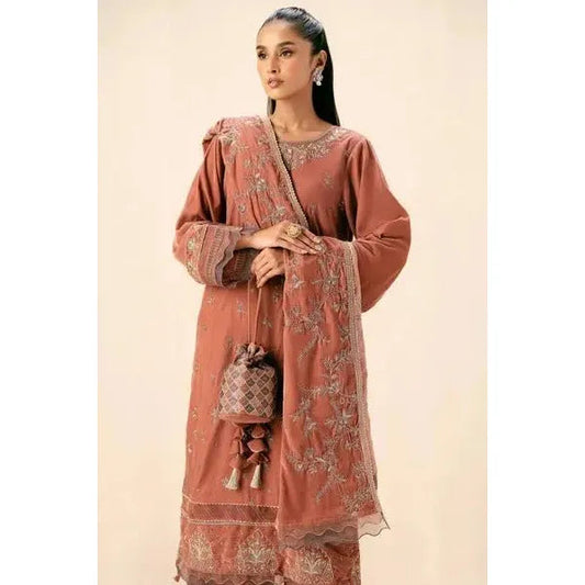 Zeen Elegant stitched 3-Piece Velvet Suit in Nude Pink – Intricate Embroidered Velvet Front, Raw Silk Bottom & Velvet Dupatta – Classic Mughal Motifs for Timeless Party Wear
