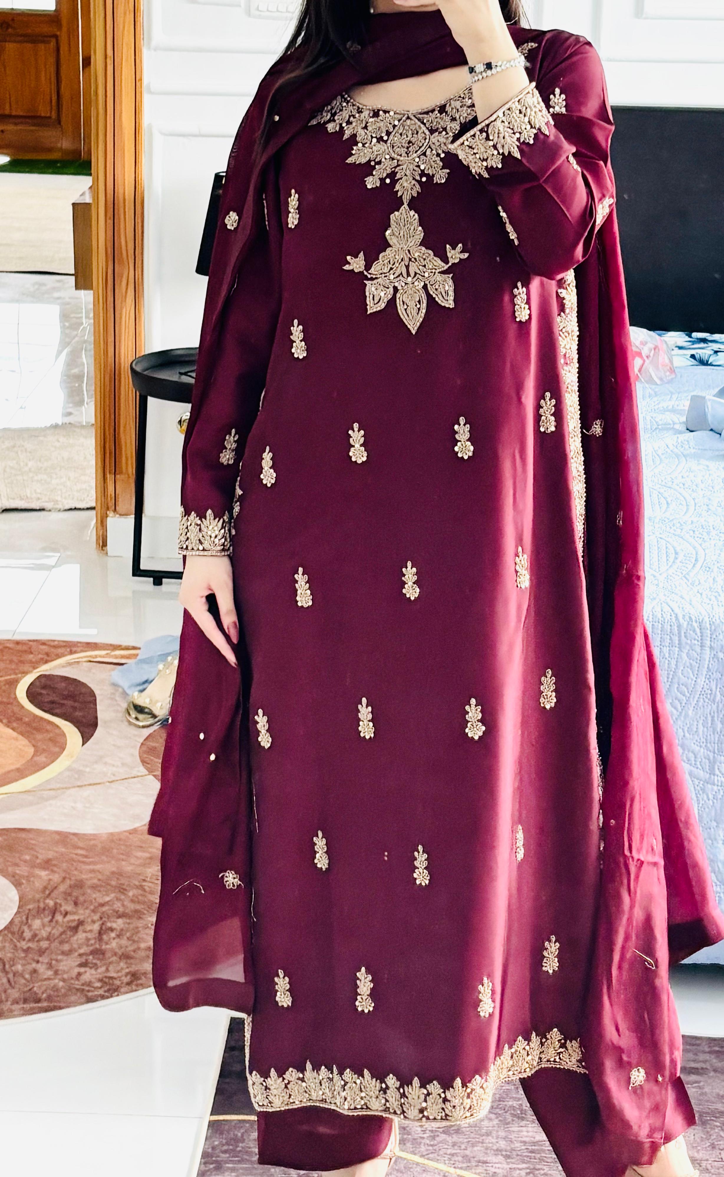 Maroon Meher Dabka Silk Suit
