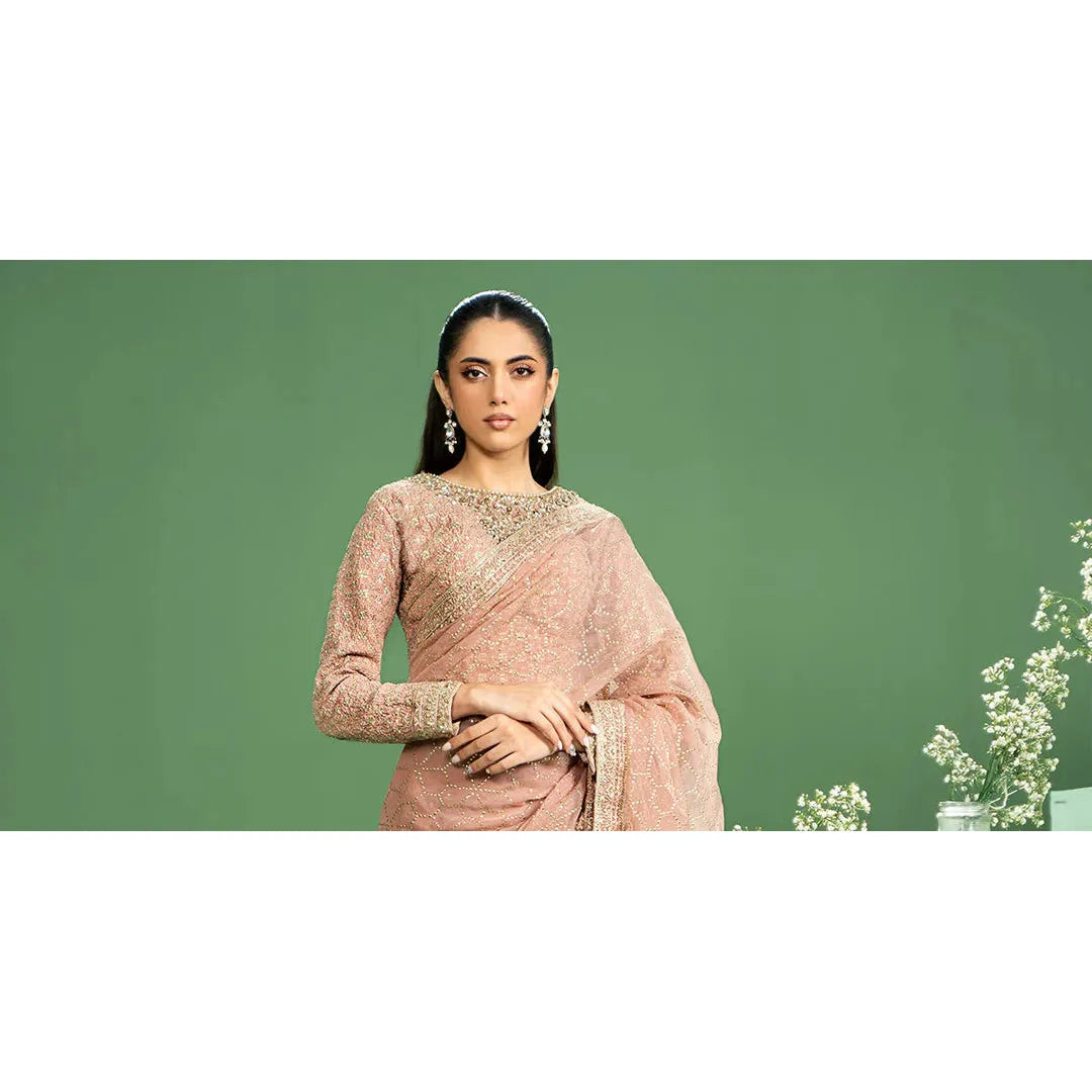 Maria.B. Mukaish Saree 3 Piece Embroidered Raw Silk Sari