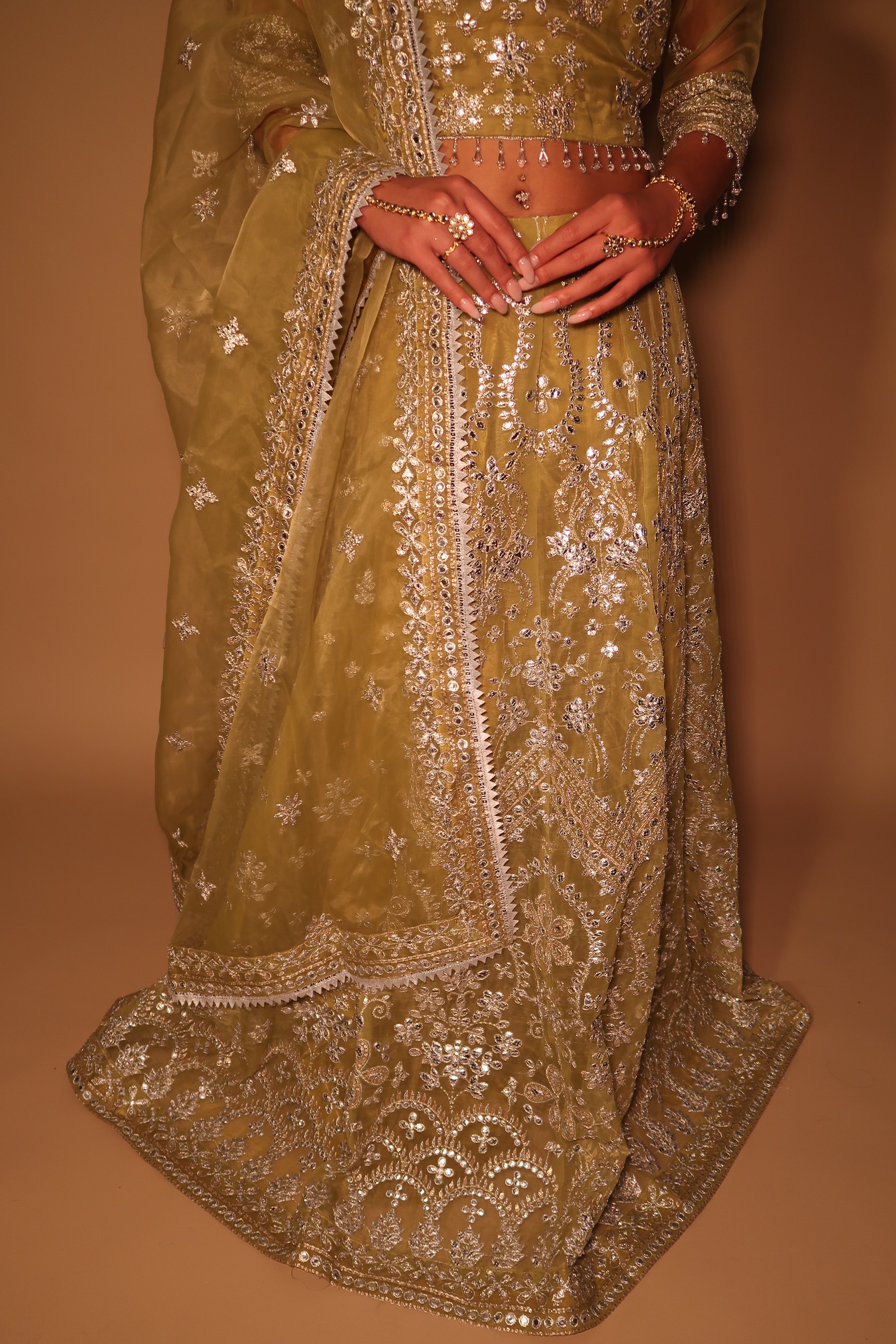 Olive Lehnga Choli | Silver Embroidered Organza 3-Piece Formal Set | NajmaDesigns & Co.