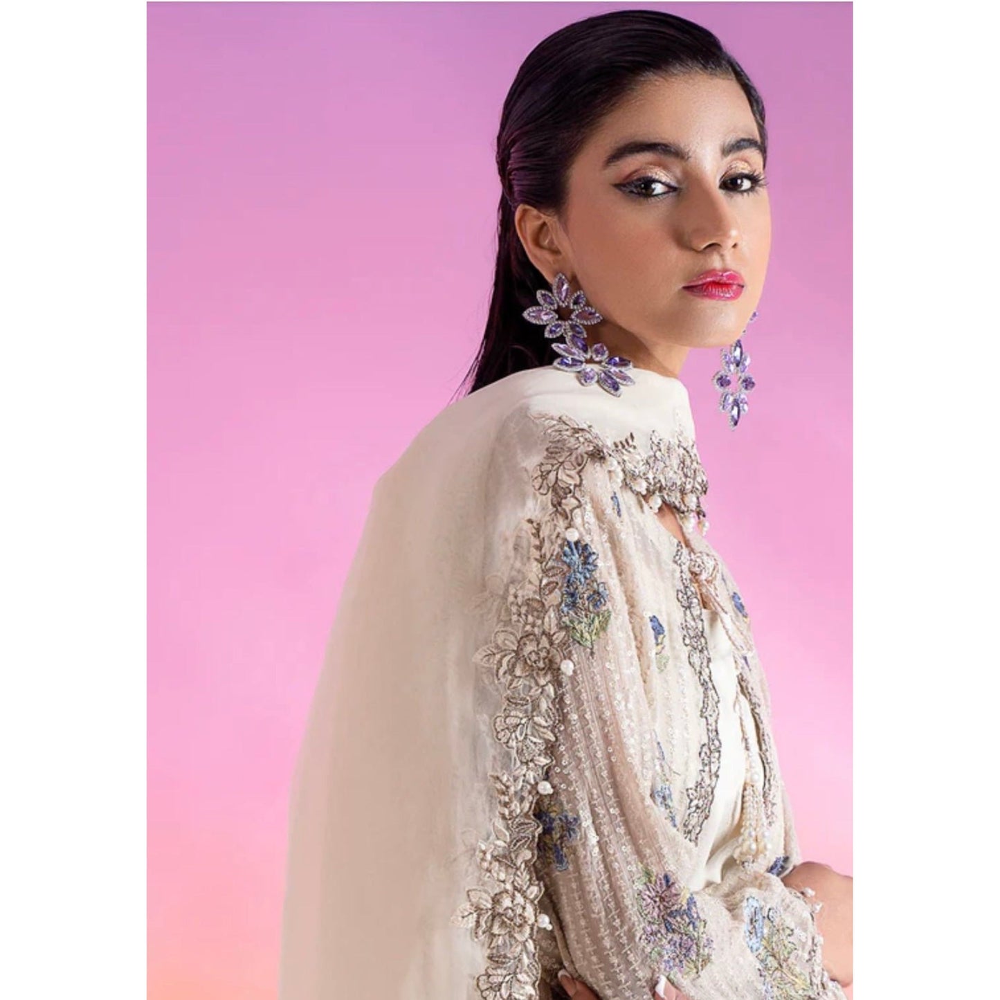 3-PC Embroidered Chiffon Shirt with Organza Dupatta and Trouser - NajmaDesigns & Co.