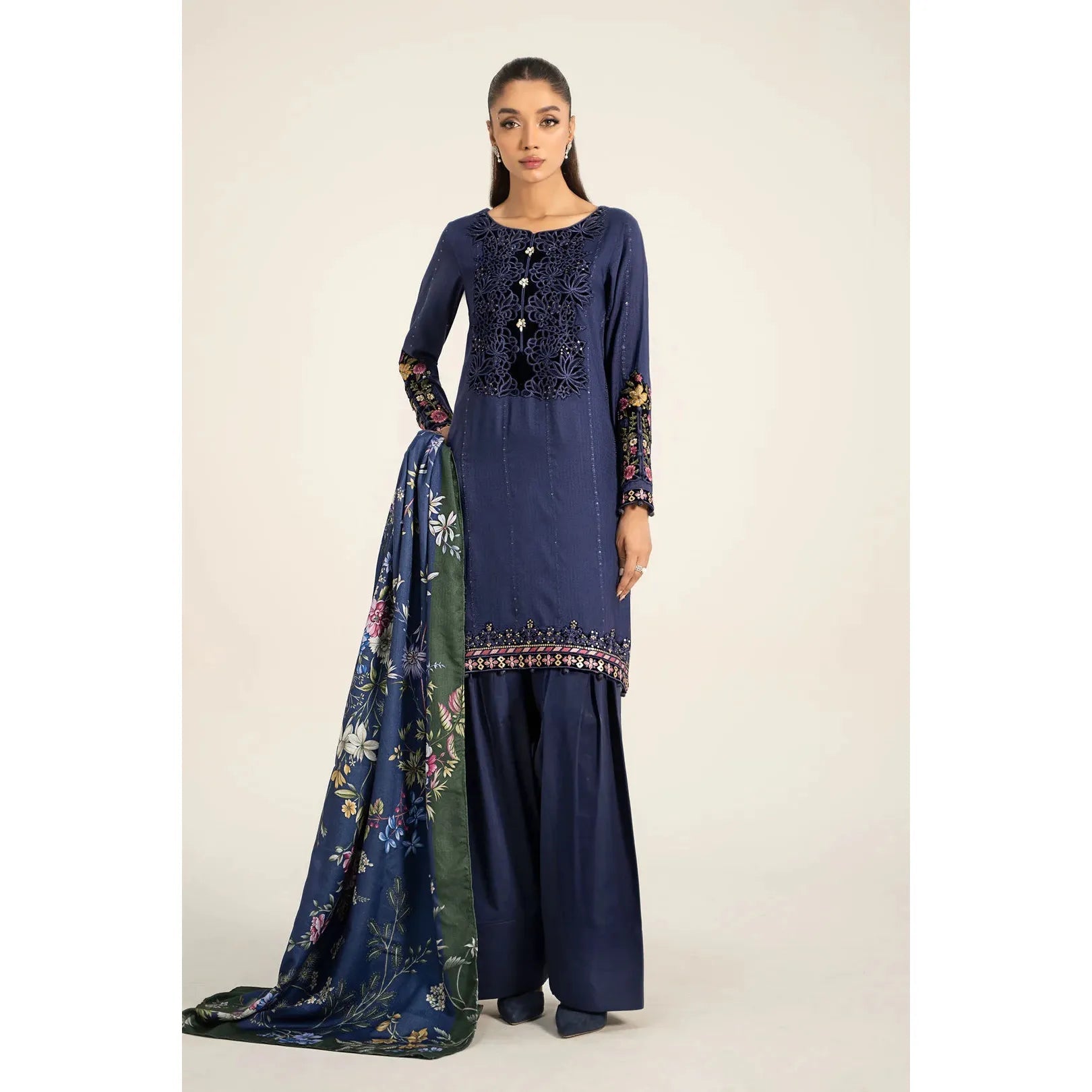 • Clothing: Embroidered/Printed suit for women - Made of best quality fabric - lawn or linen or chiffon - pure silk - Available at Najma Designs & Co. • Jewelry: Gold - plated stud earrings for