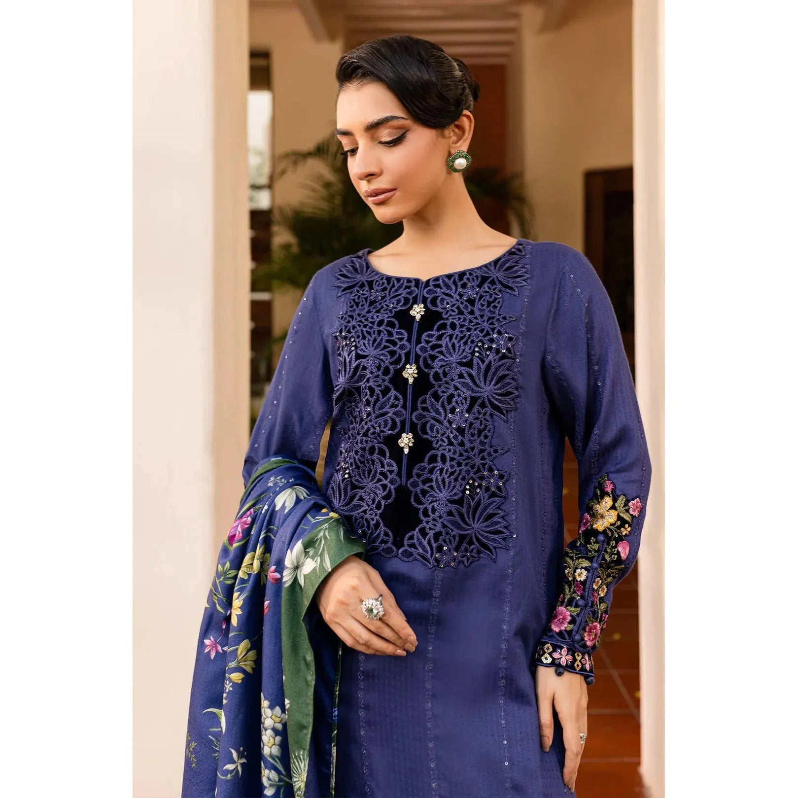 • Clothing: Embroidered/Printed suit for women - Made of best quality fabric - lawn or linen or chiffon - pure silk - Available at Najma Designs & Co. • Jewelry: Gold - plated stud earrings for