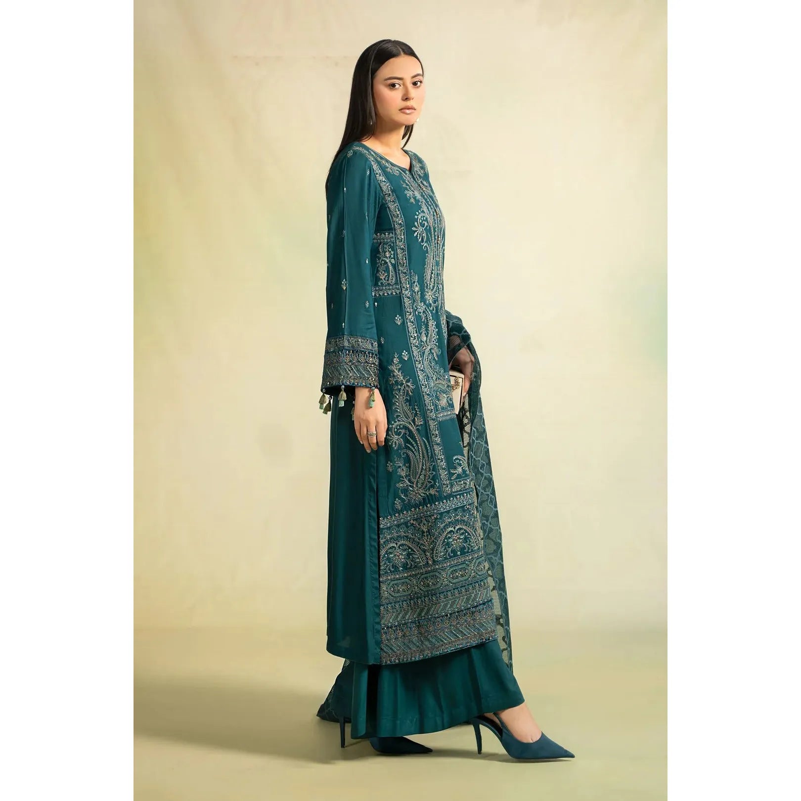 • Clothing: Embroidered/Printed suit for women - Made of best quality fabric - lawn or linen or chiffon - pure silk - Available at Najma Designs & Co. • Jewelry: Gold - plated stud earrings for