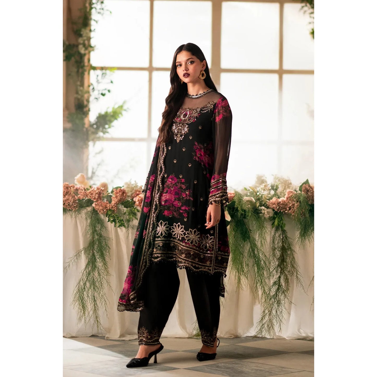 Charizma - 3-PC Stitched Embroidered Chiffon - Black & pink