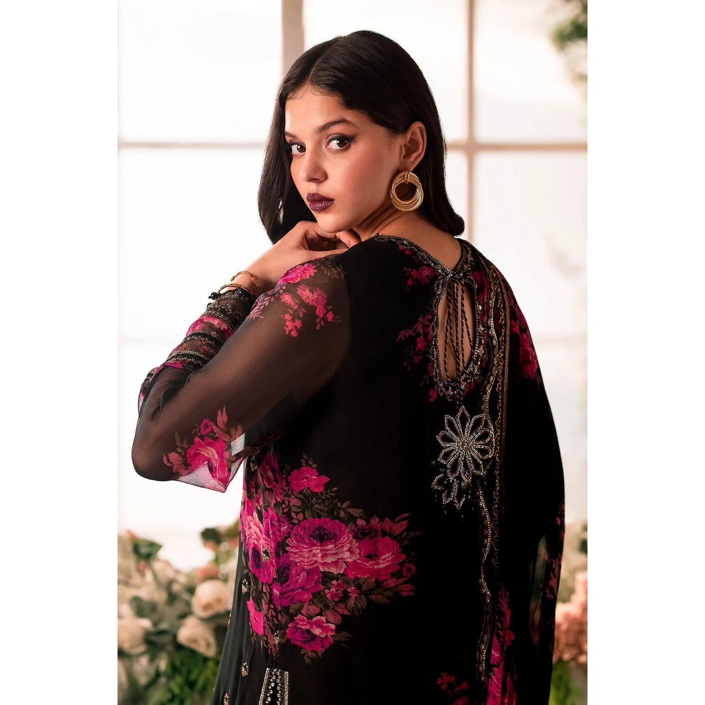 Charizma - 3-PC Stitched Embroidered Chiffon - Black & pink